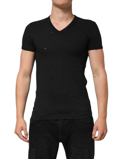 Dolce & Gabbana Black Cotton Tattered Logo V-Neck Men's T-Shirt
