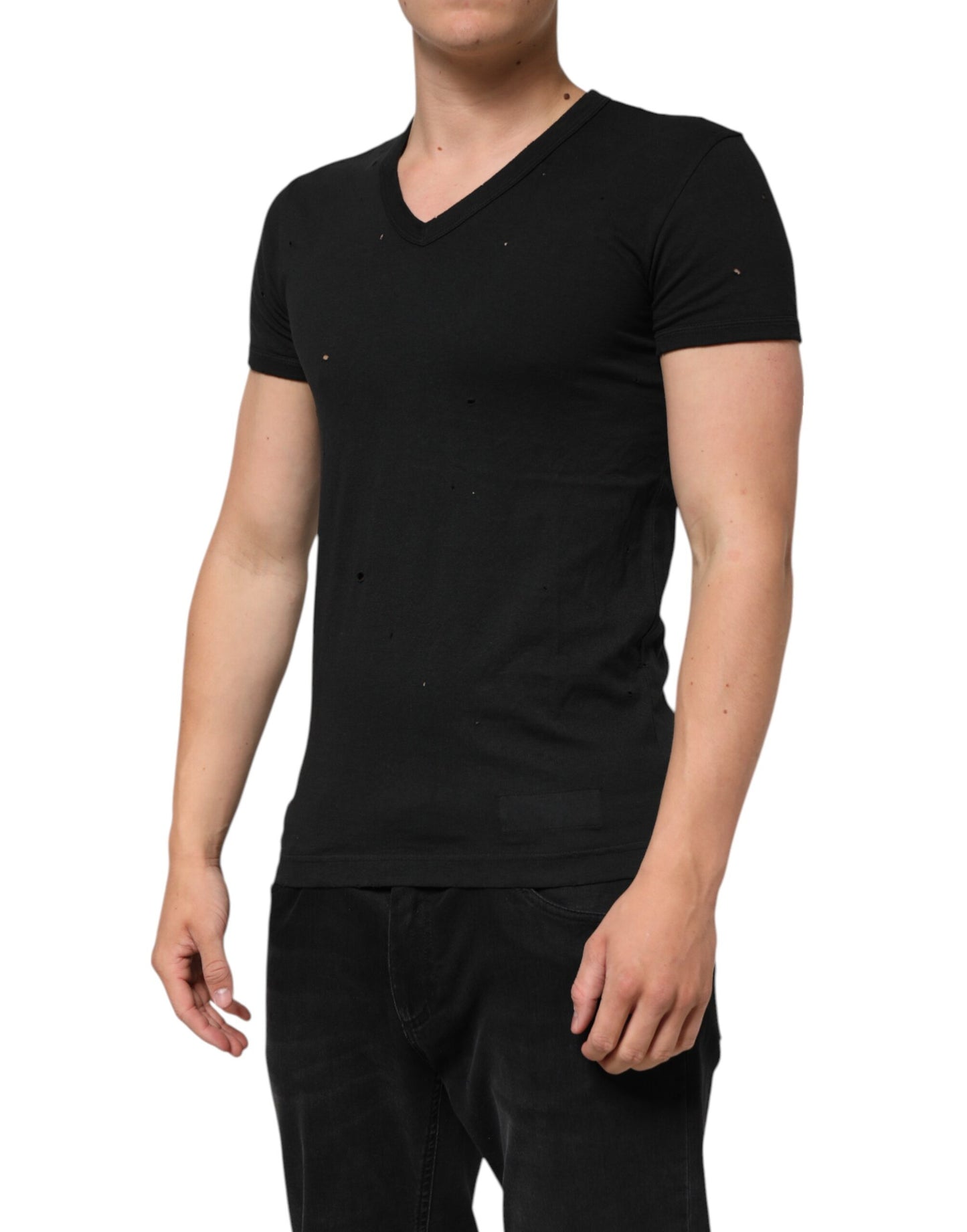 Dolce & Gabbana Black Cotton Tattered Logo V-Neck Men's T-Shirt