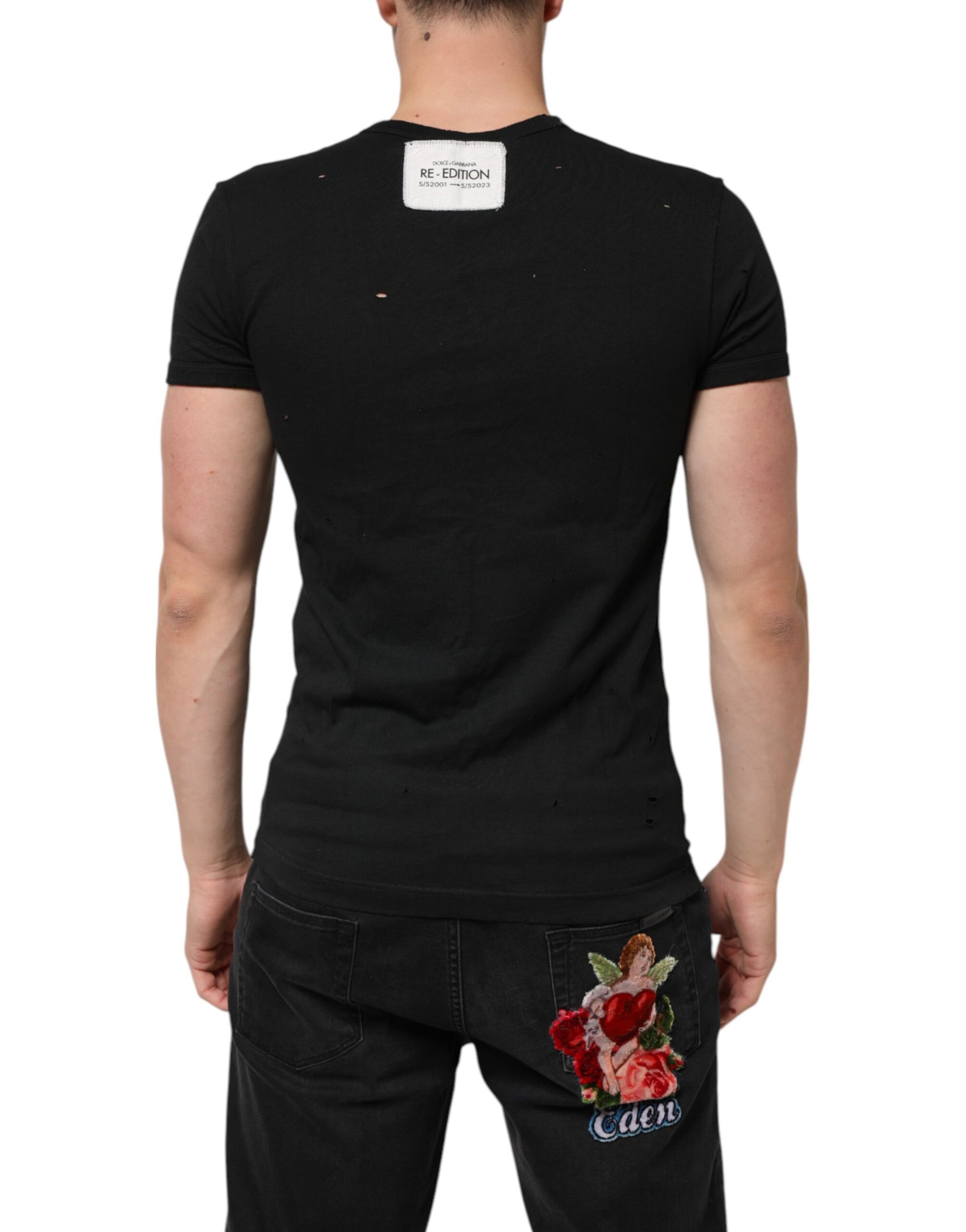 Dolce & Gabbana Black Cotton Tattered Logo V-Neck Men's T-Shirt