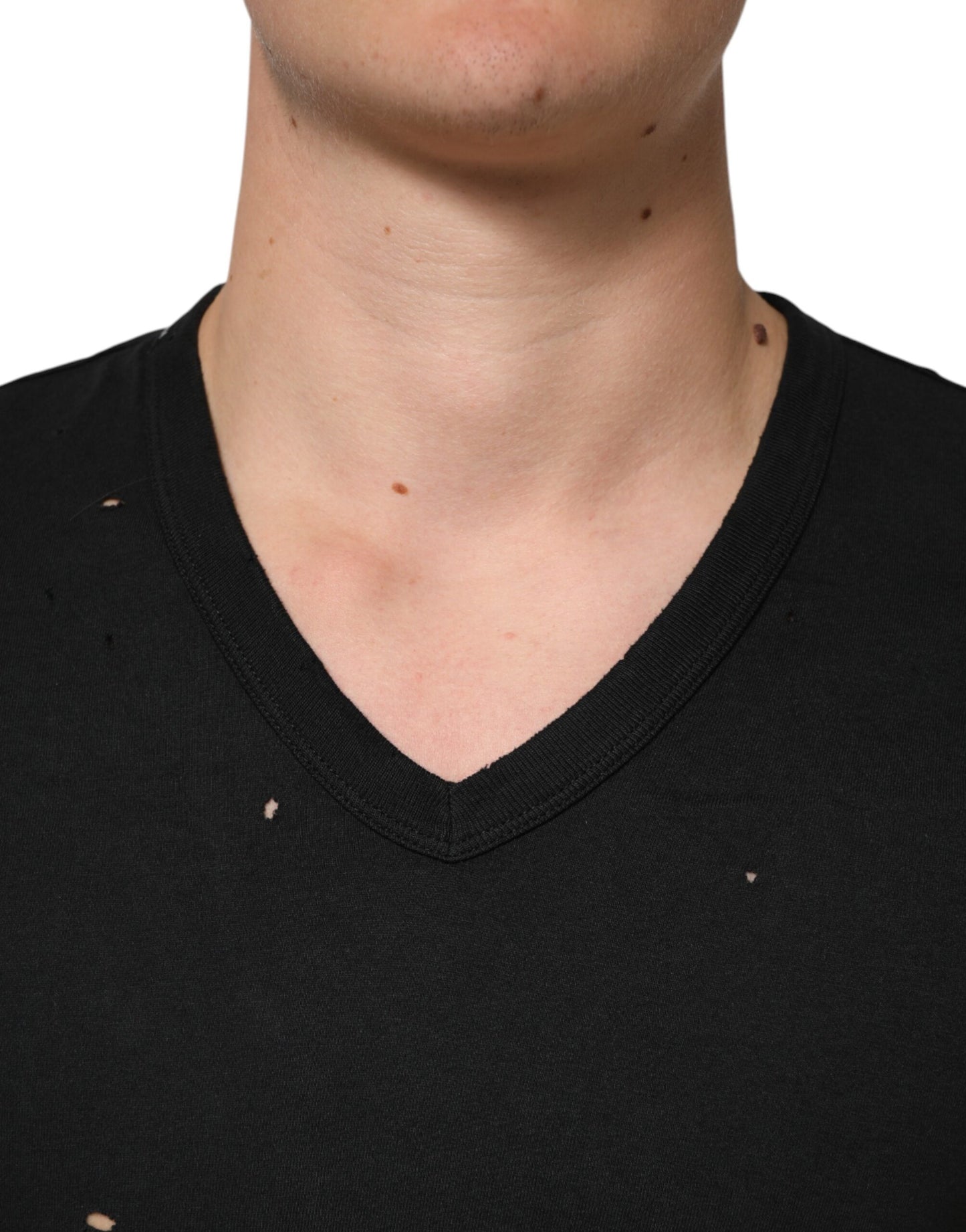 Dolce & Gabbana Black Cotton Tattered Logo V-Neck Men's T-Shirt
