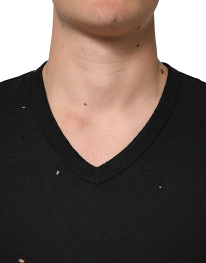 Dolce & Gabbana Black Cotton Tattered Logo V-Neck Men's T-Shirt