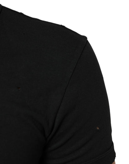 Dolce & Gabbana Black Cotton Tattered Logo V-Neck Men's T-Shirt