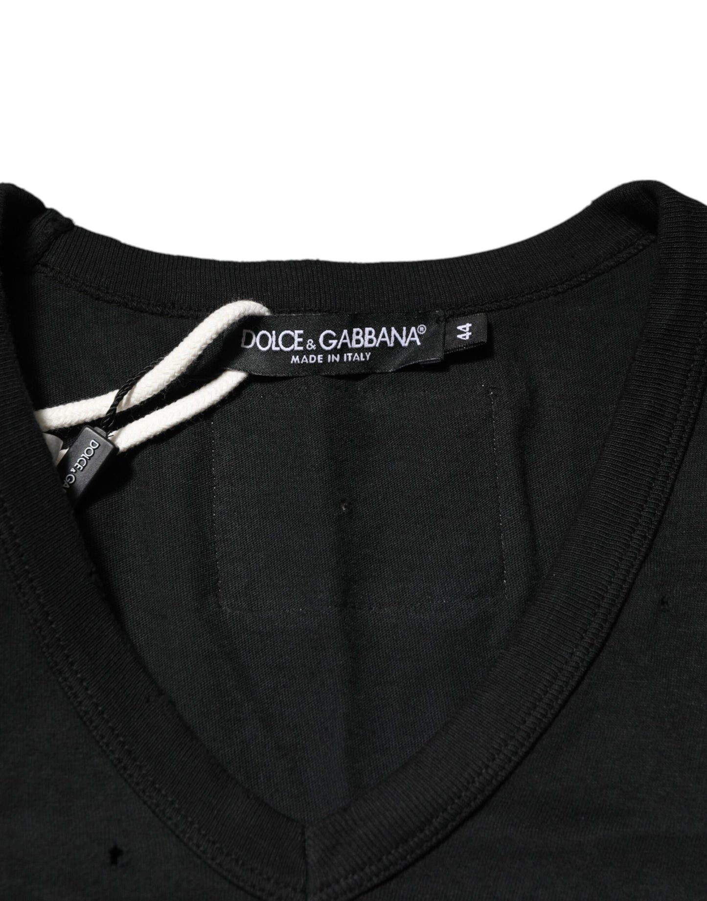 Dolce & Gabbana Black Cotton Tattered Logo V-Neck Men's T-Shirt