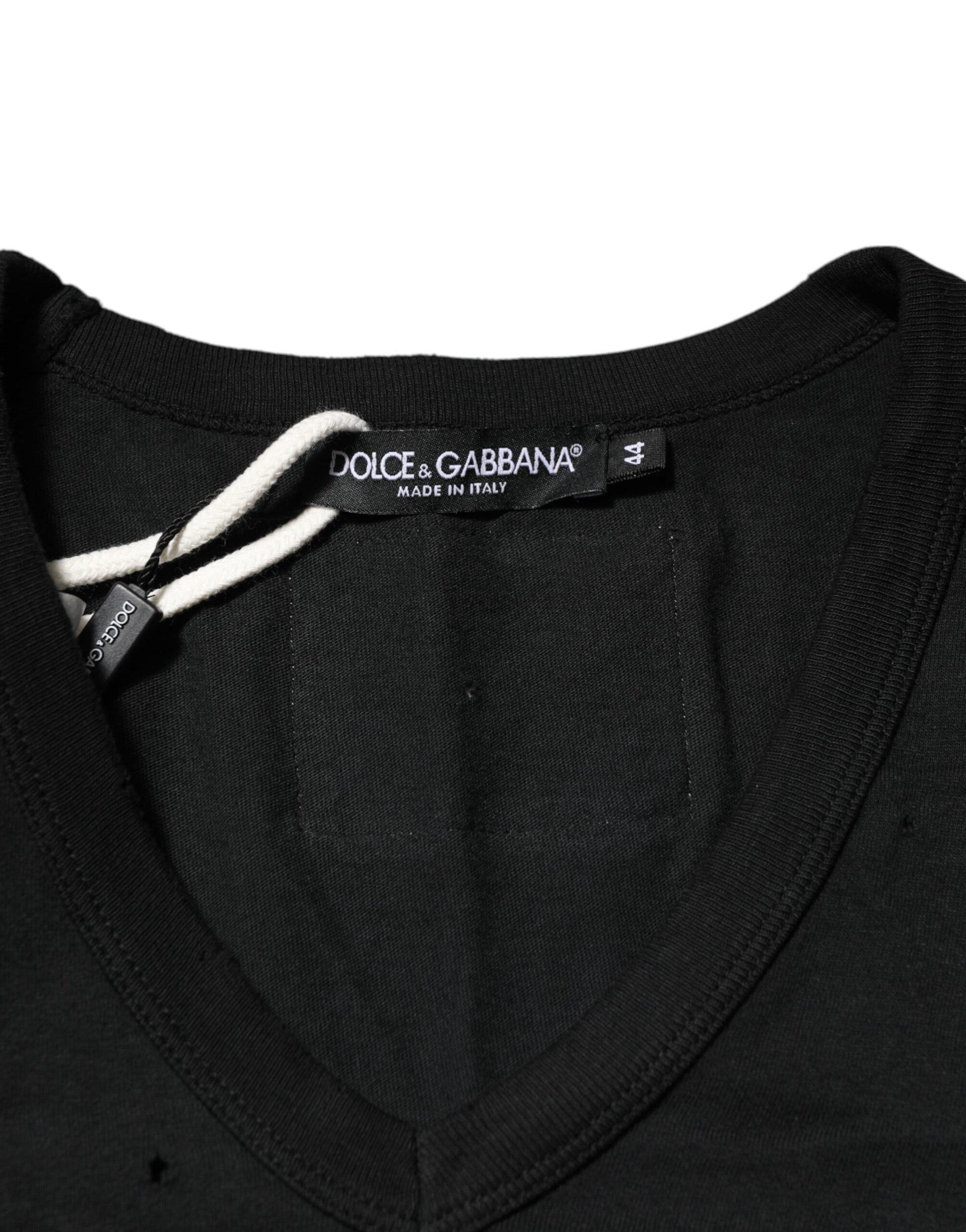 Dolce & Gabbana Black Cotton Tattered Logo V-Neck Men's T-Shirt