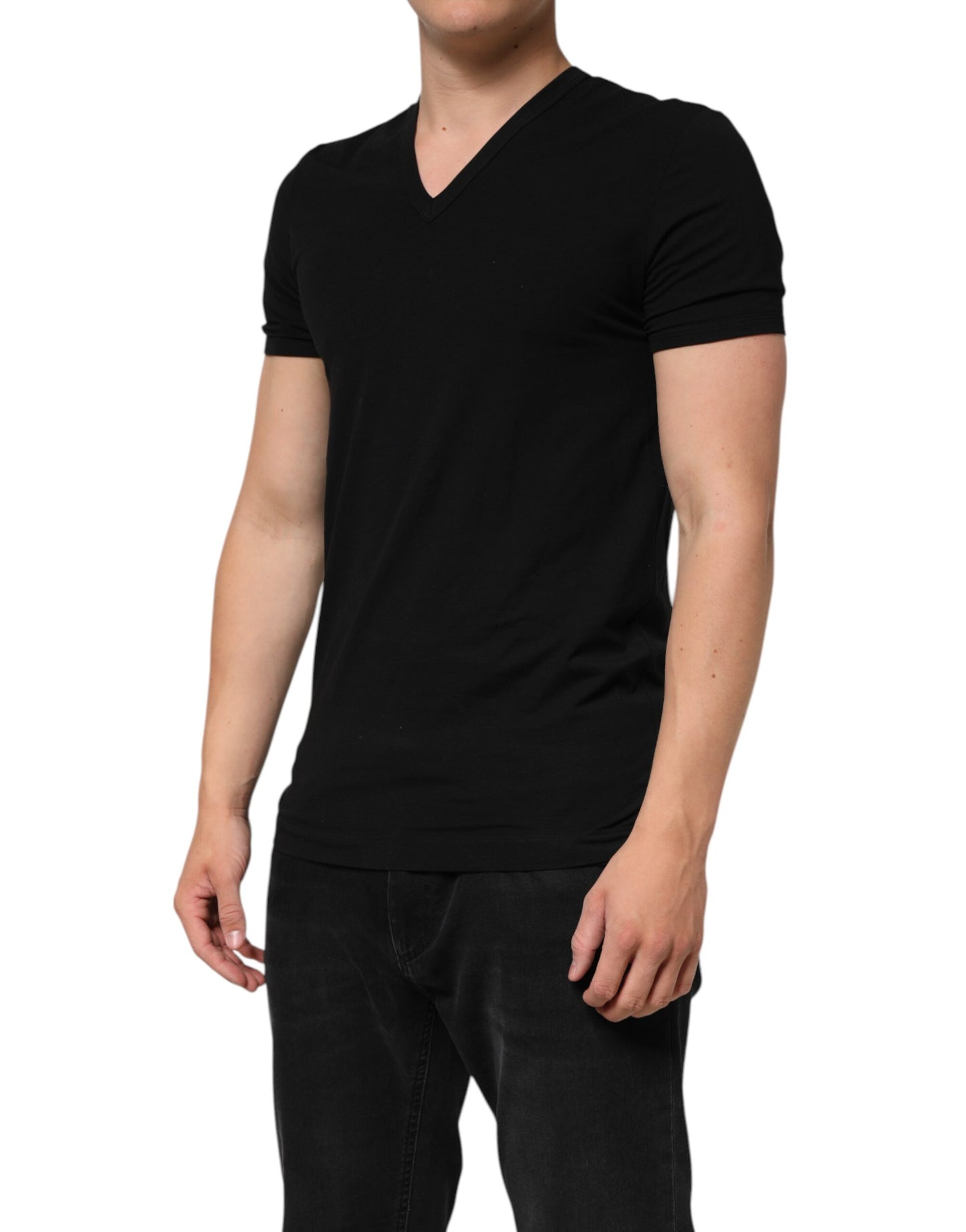 Dolce & Gabbana Black Cotton Slim Fit V-Neck T-Shirt for Men
