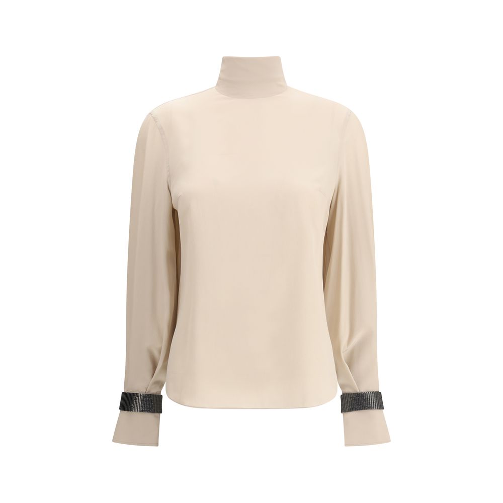 Brunello Cucinelli Silk Turtleneck Blouse with Precious Bracelets