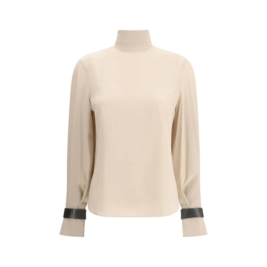 Brunello Cucinelli Silk Turtleneck Blouse with Precious Bracelets
