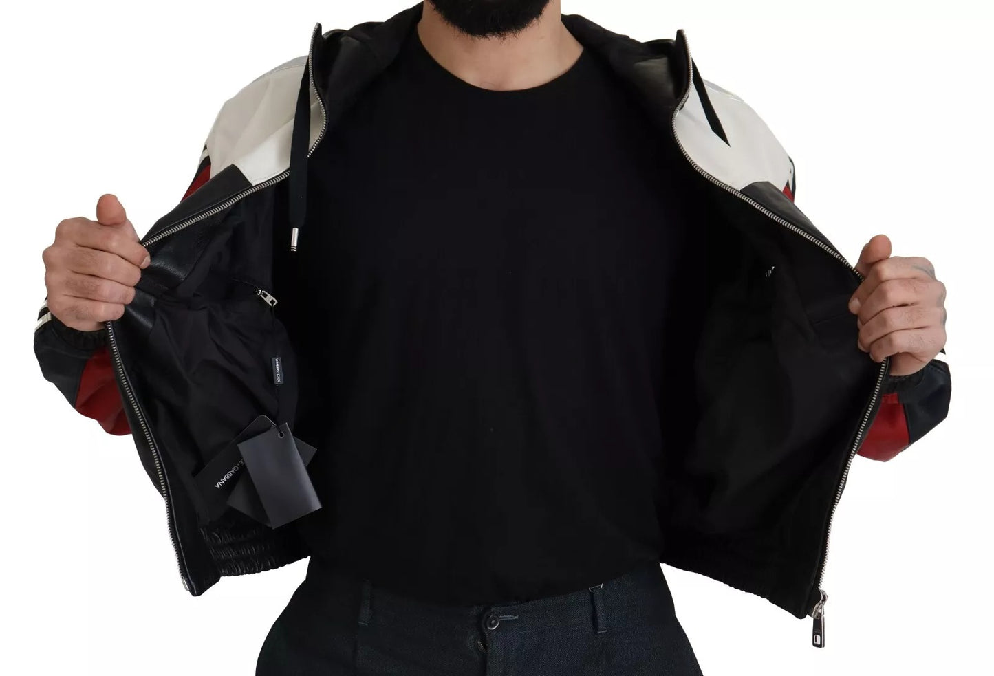 Dolce & Gabbana Black, White & Red Leather Hooded Blouson Jacket