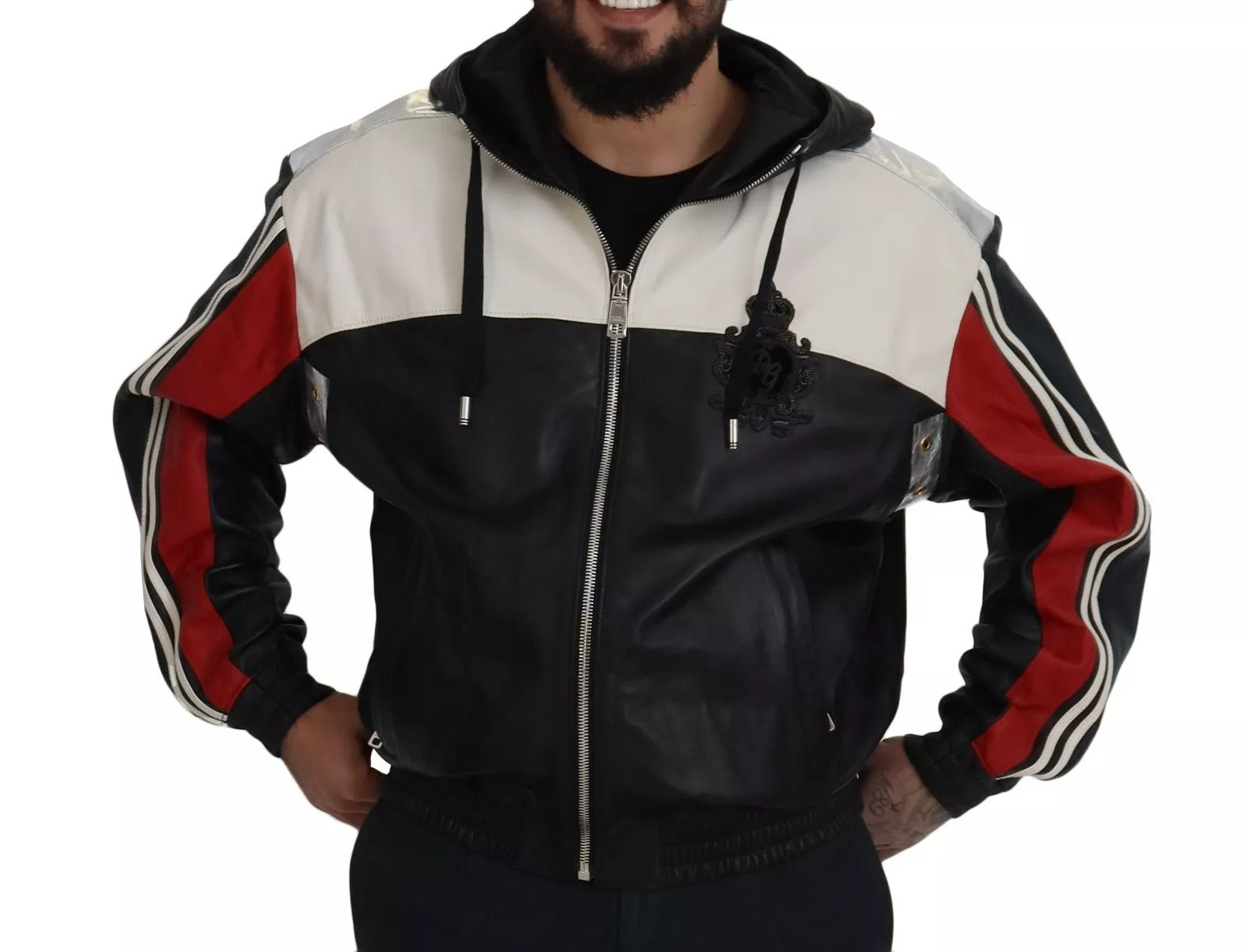 Dolce & Gabbana Black, White & Red Leather Hooded Blouson Jacket