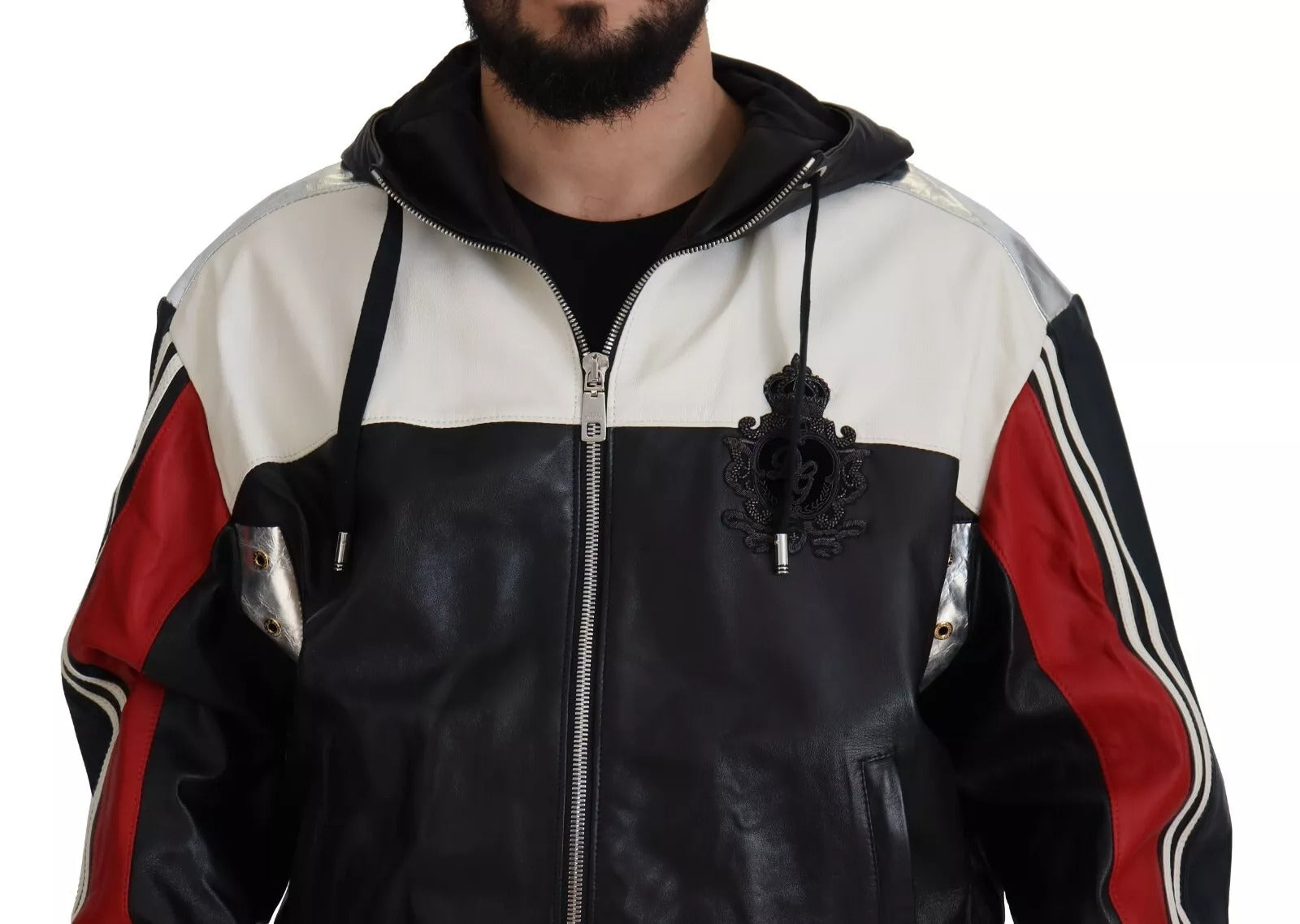 Dolce & Gabbana Black, White & Red Leather Hooded Blouson Jacket