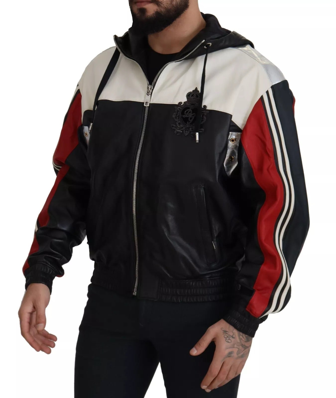 Dolce & Gabbana Black, White & Red Leather Hooded Blouson Jacket