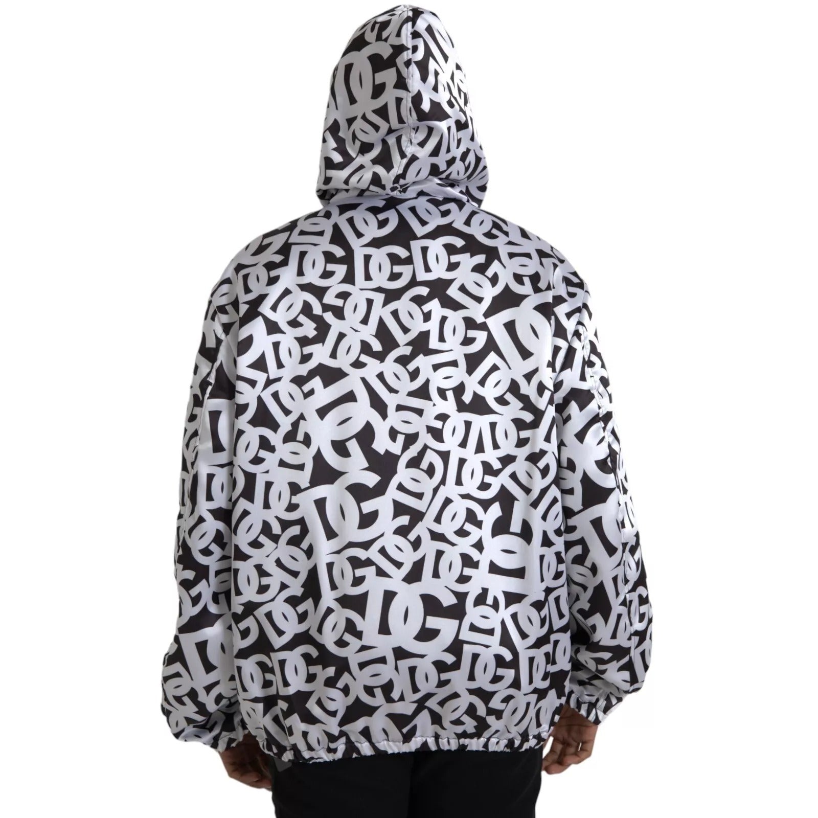 Dolce & Gabbana White & Black DG Logo Hooded Full Zip Bomber Jacket