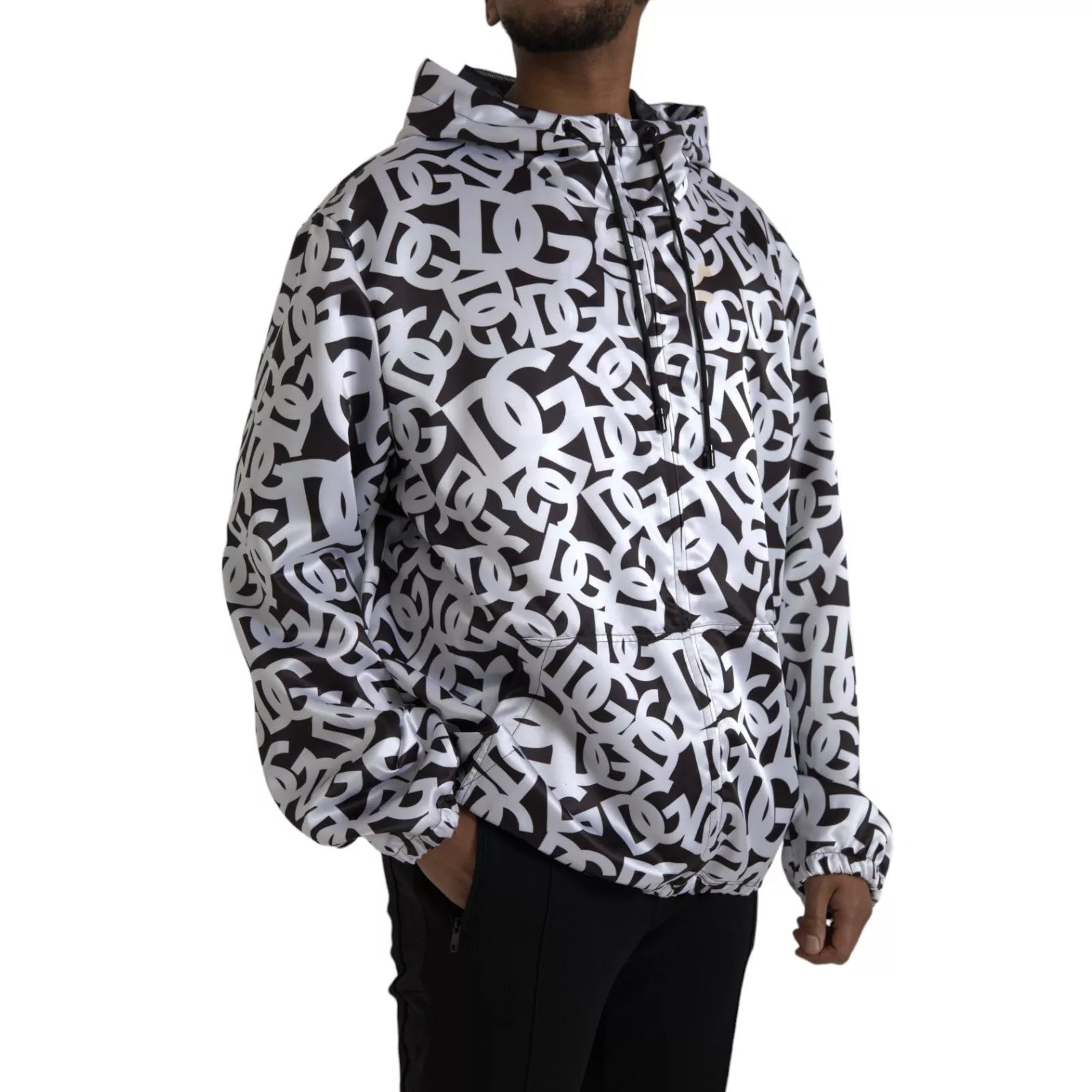 Dolce & Gabbana White & Black DG Logo Hooded Full Zip Bomber Jacket