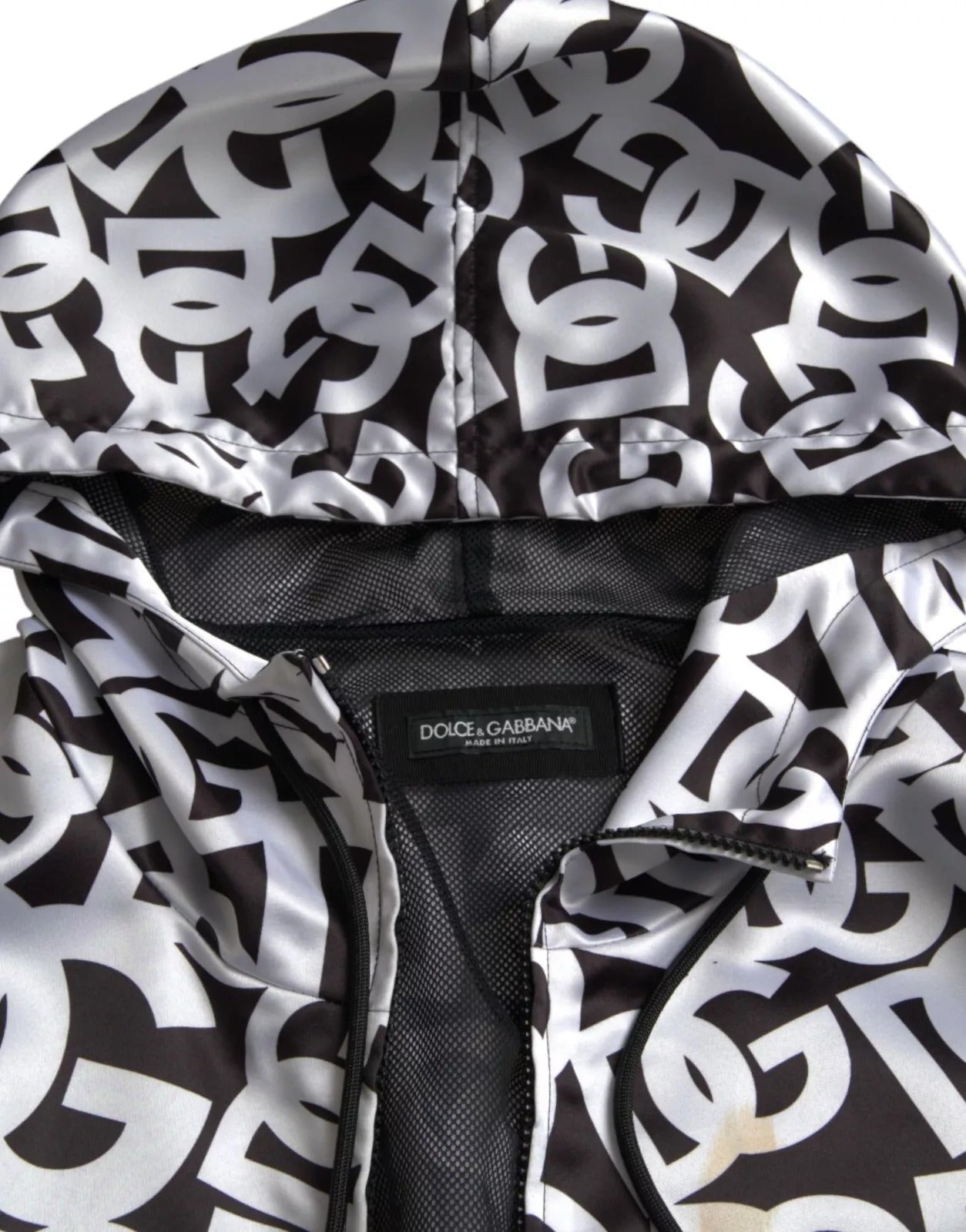 Dolce & Gabbana White & Black DG Logo Hooded Full Zip Bomber Jacket