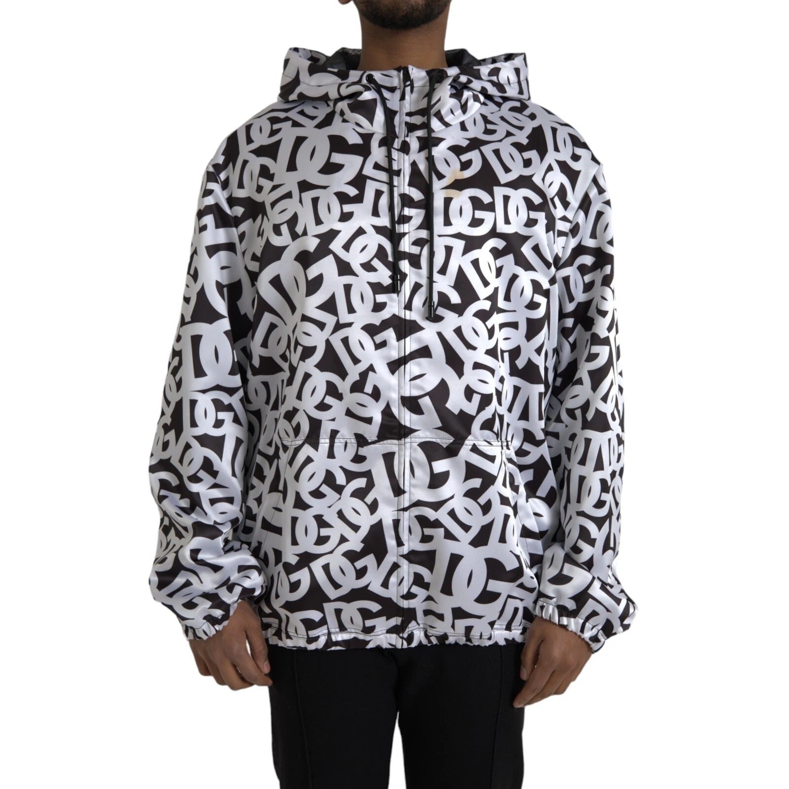 Dolce & Gabbana White & Black DG Logo Hooded Full Zip Bomber Jacket
