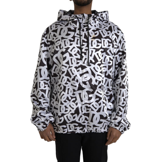 Dolce & Gabbana White & Black DG Logo Hooded Full Zip Bomber Jacket