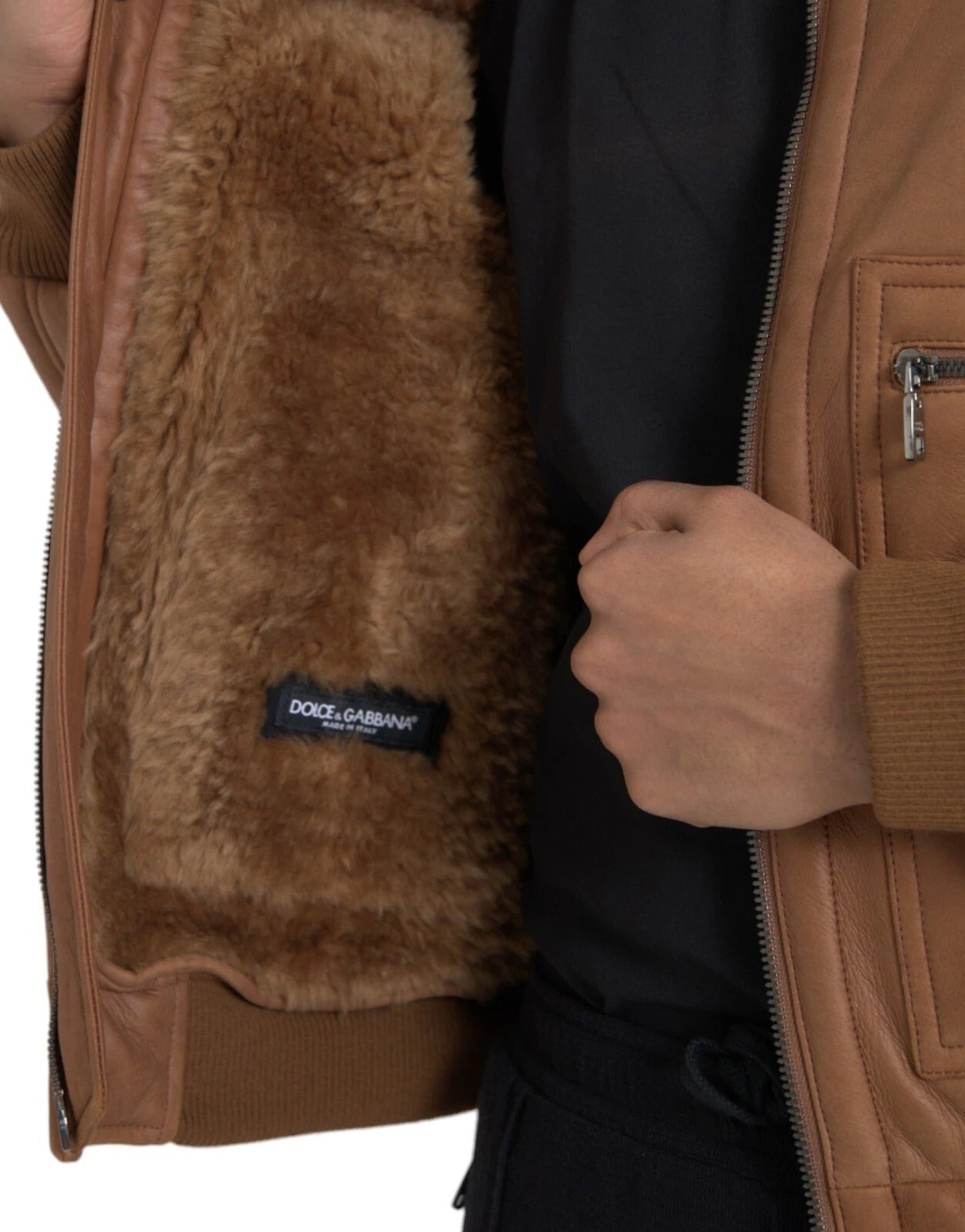 Dolce & Gabbana Brown Leather Fur Collar Biker Jacket