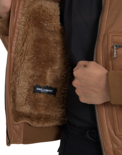 Dolce & Gabbana Brown Leather Fur Collar Biker Jacket