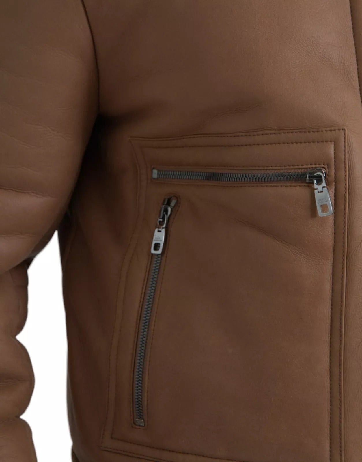 Dolce & Gabbana Brown Leather Fur Collar Biker Jacket
