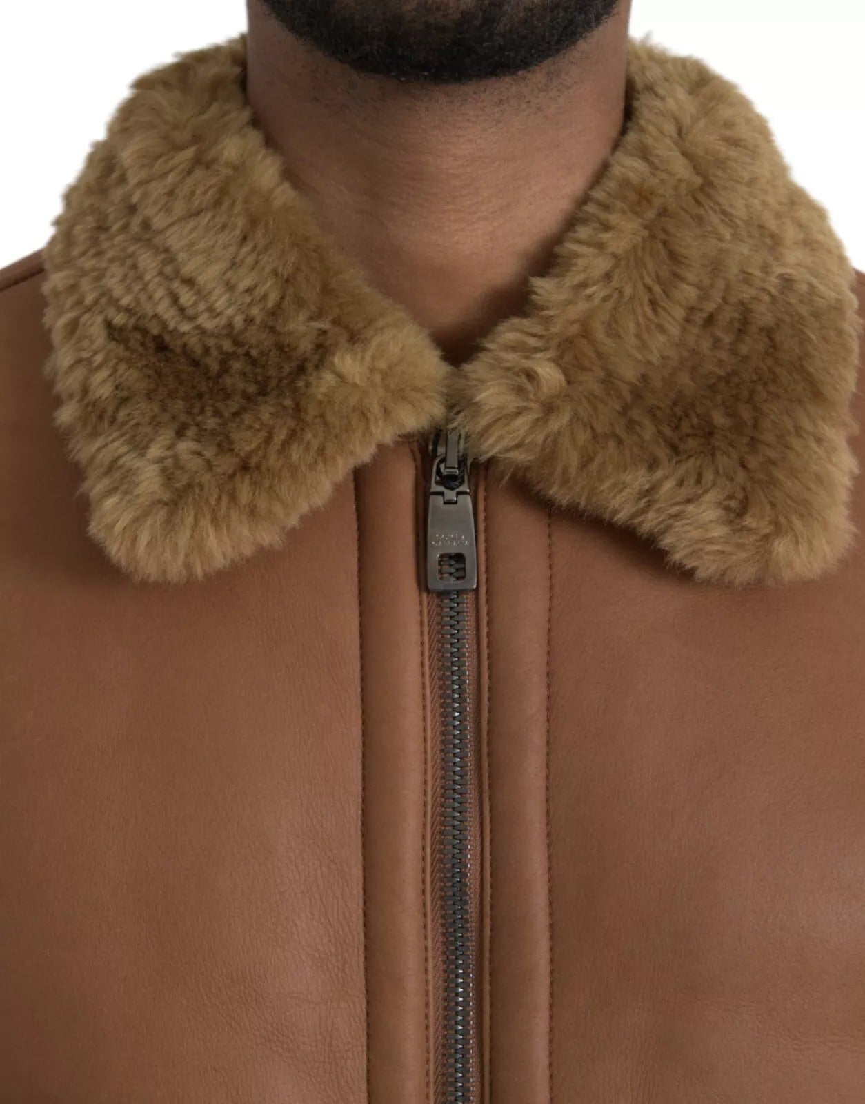 Dolce & Gabbana Brown Leather Fur Collar Biker Jacket