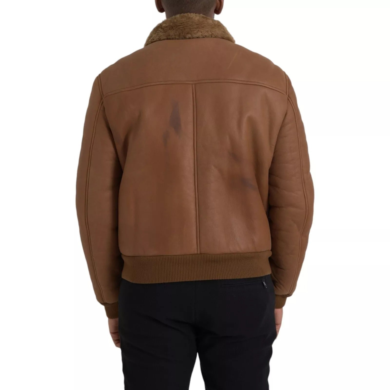 Dolce & Gabbana Brown Leather Fur Collar Biker Jacket