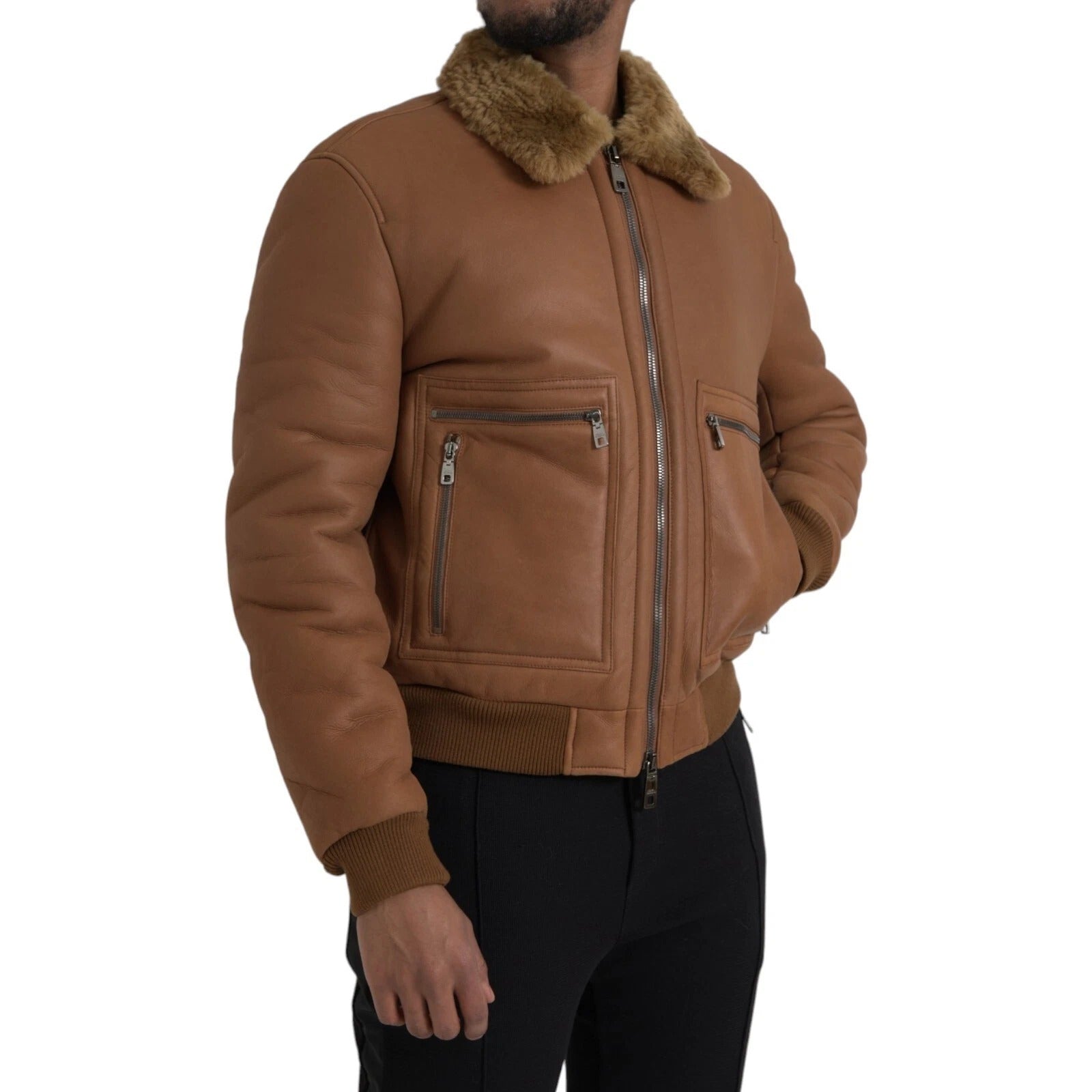 Dolce & Gabbana Brown Leather Fur Collar Biker Jacket