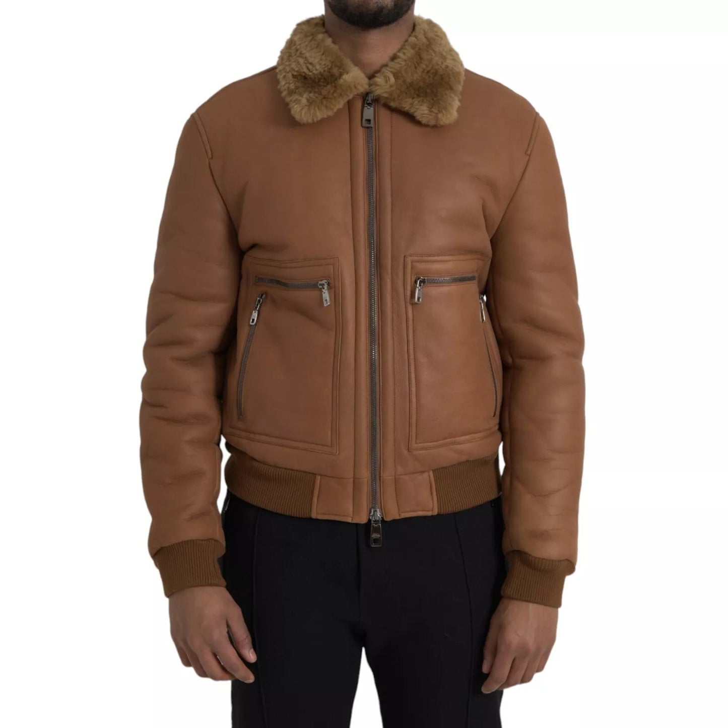Dolce & Gabbana Brown Leather Fur Collar Biker Jacket