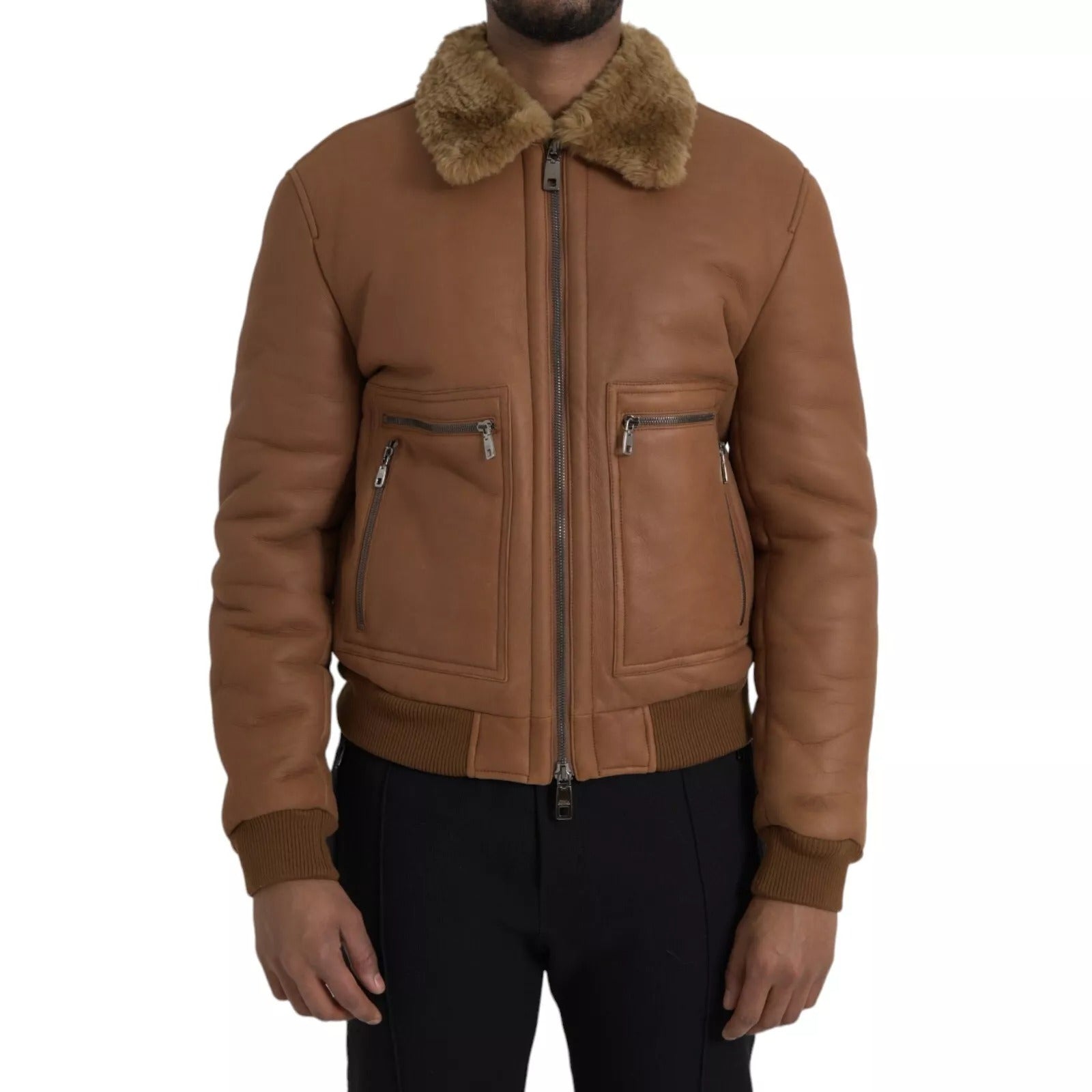Dolce & Gabbana Brown Leather Fur Collar Biker Jacket
