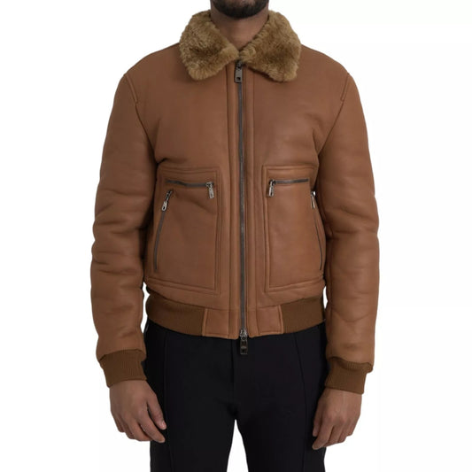 Dolce & Gabbana Brown Leather Fur Collar Biker Jacket