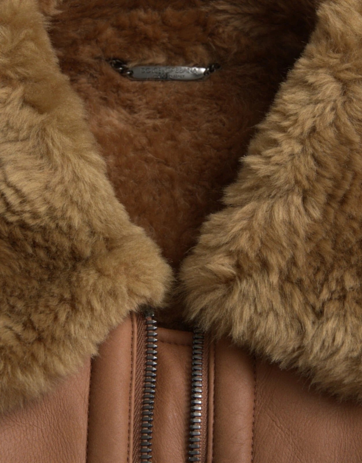 Dolce & Gabbana Brown Leather Fur Collar Biker Jacket