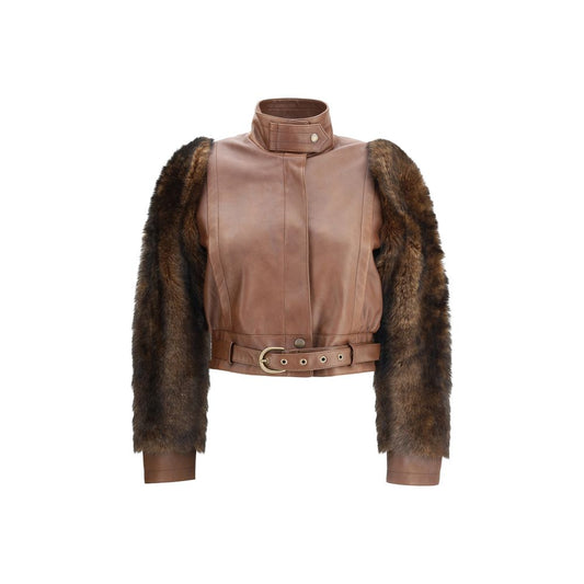 Chloé Brown Leather and Shearling Sleeves Short Jacket