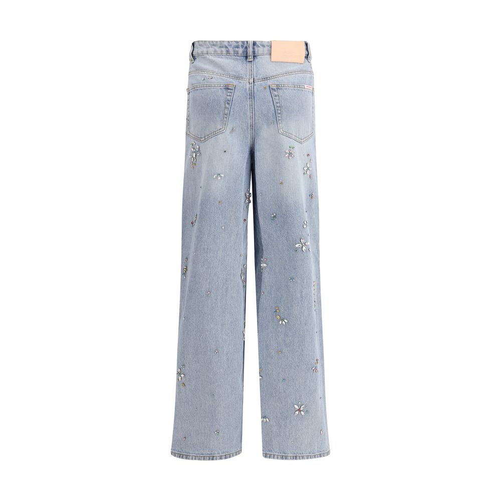 Self-Portrait Wide Leg Jeans with Rhinestones