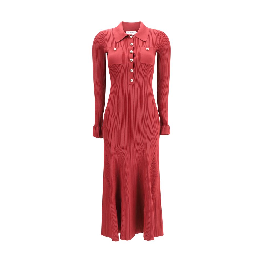 Self-Portrait Ribbed Knit Midi Dress: Elegant Versatility in Burgundy