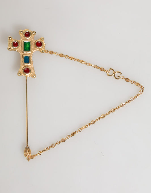 Dolce & Gabbana Lapel Pin Cross Logo Gold Chain Brooch for Men
