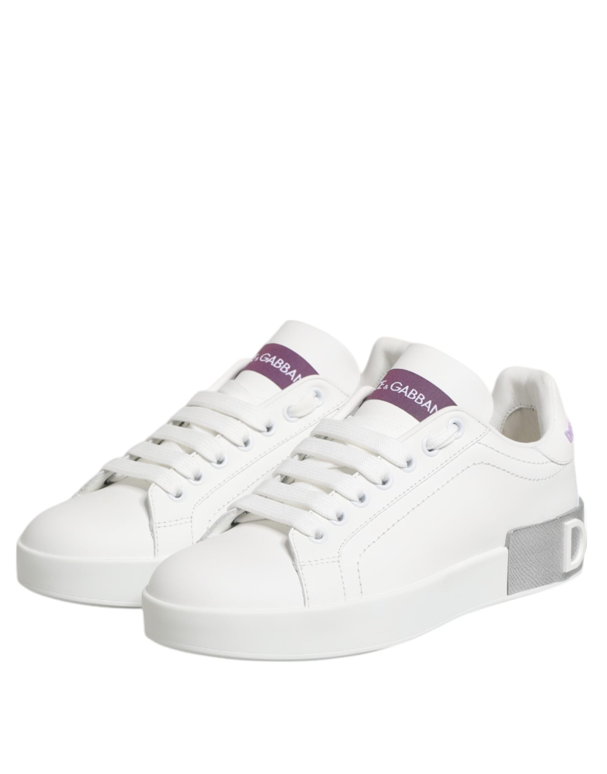 Dolce & Gabbana White Purple Leather Low Top Sneakers