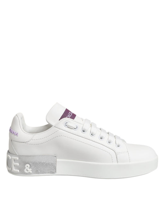 Dolce & Gabbana White Purple Leather Low Top Sneakers