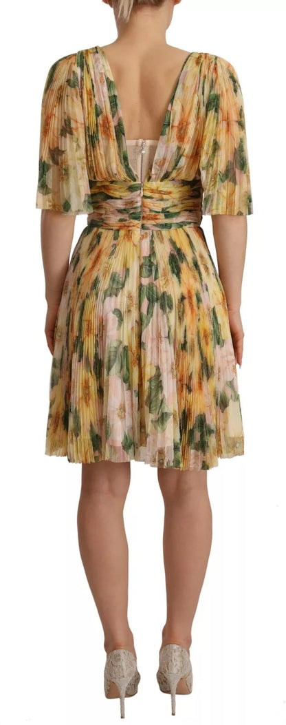Dolce & Gabbana Yellow Floral Print Pleated Maxi Dress