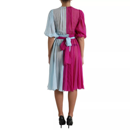 Dolce & Gabbana Light Blue Silk Two Tone Midi Dress in Fuchsia