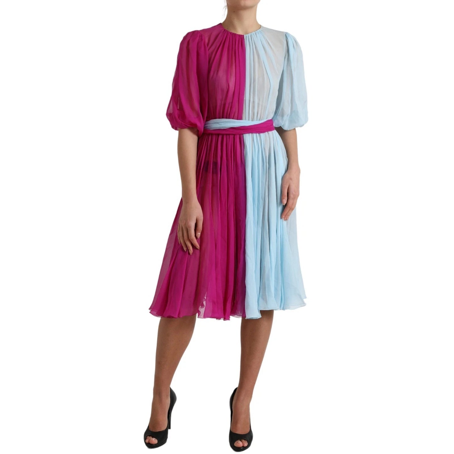 Dolce & Gabbana Light Blue Silk Two Tone Midi Dress in Fuchsia