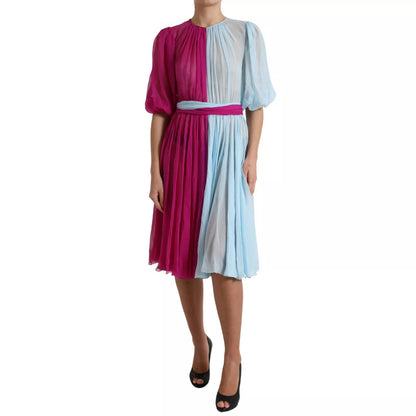 Dolce & Gabbana Light Blue Silk Two Tone Midi Dress in Fuchsia