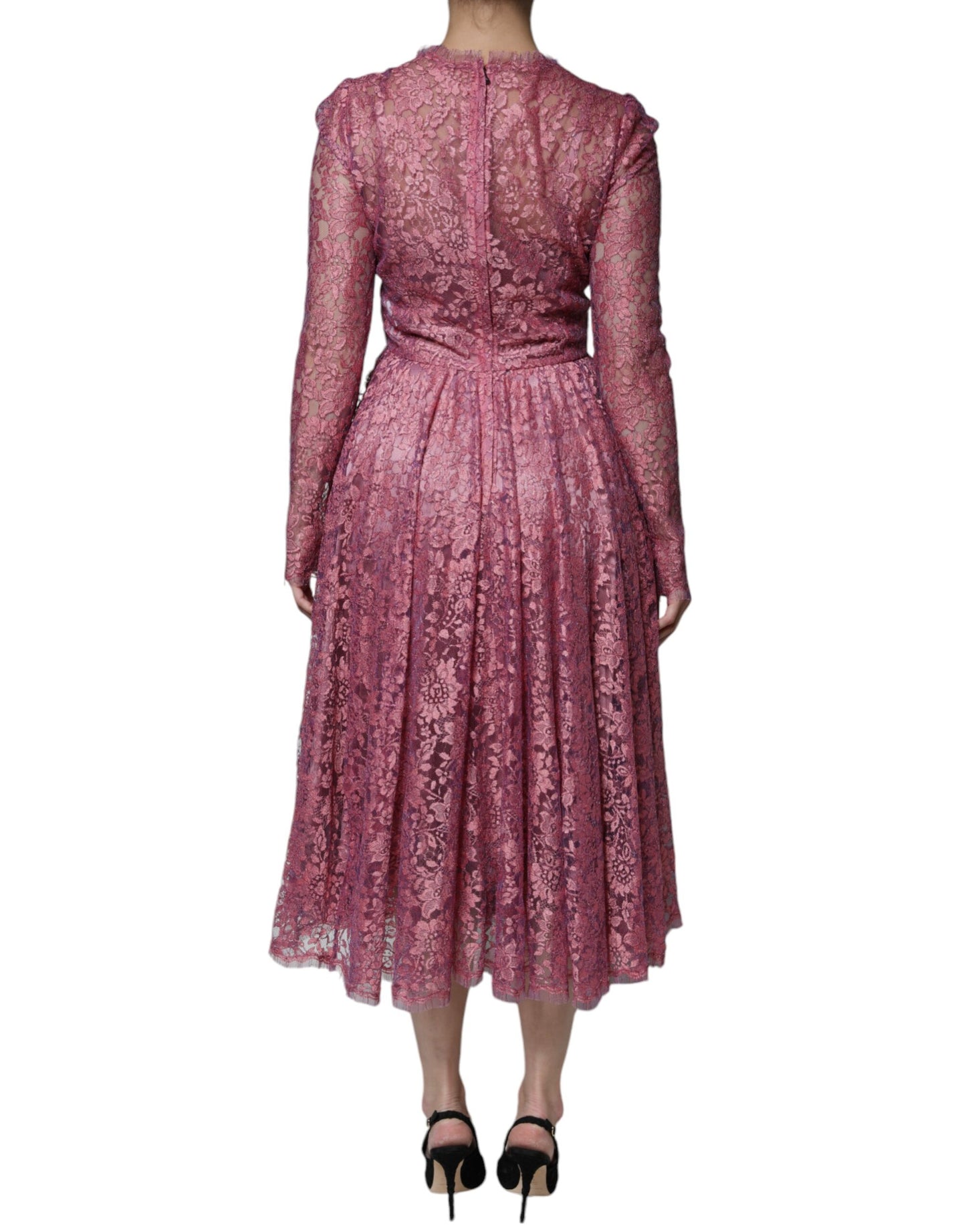 Dolce & Gabbana Pink Floral Lace Long Sleeve Midi Dress