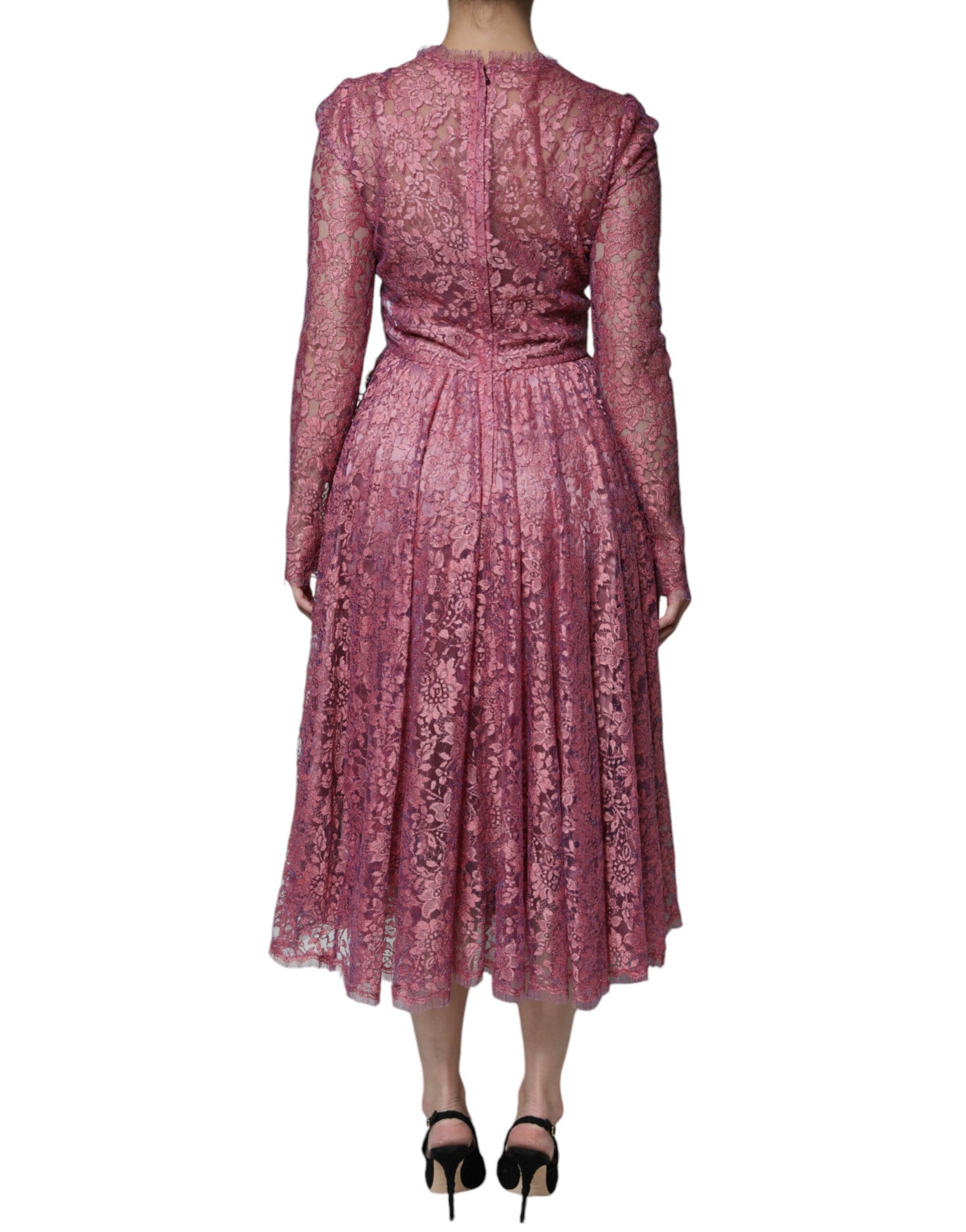 Dolce & Gabbana Pink Floral Lace Long Sleeve Midi Dress