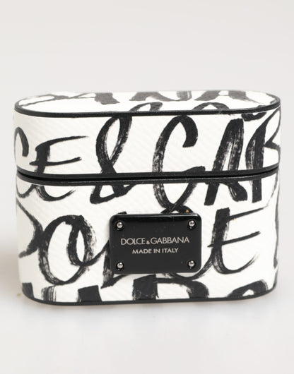 Dolce & Gabbana Black & White Leather Monogram Print Logo Holder AirPods Case