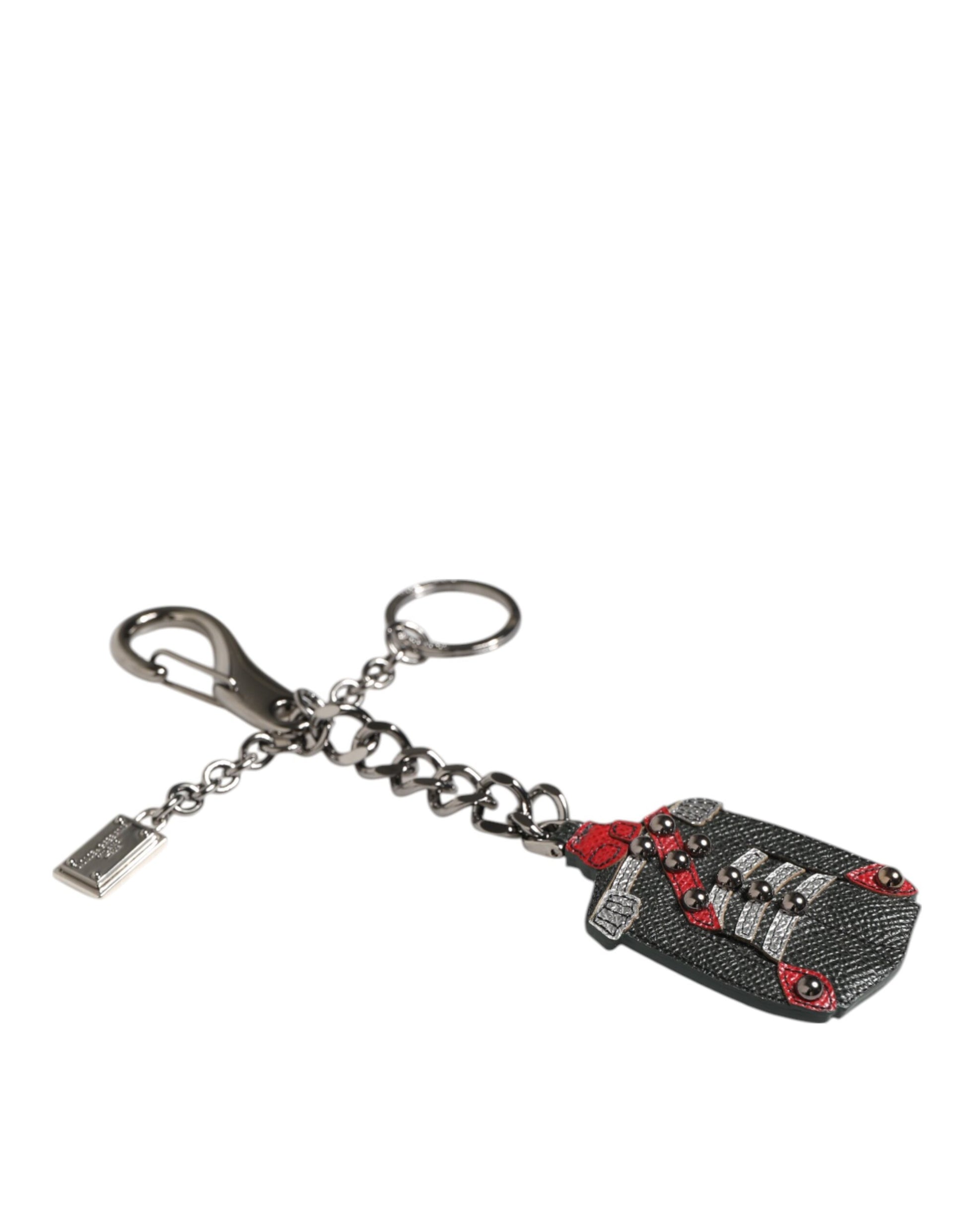 Dolce & Gabbana Black Red Military Leather Patch DG Logo Keychain