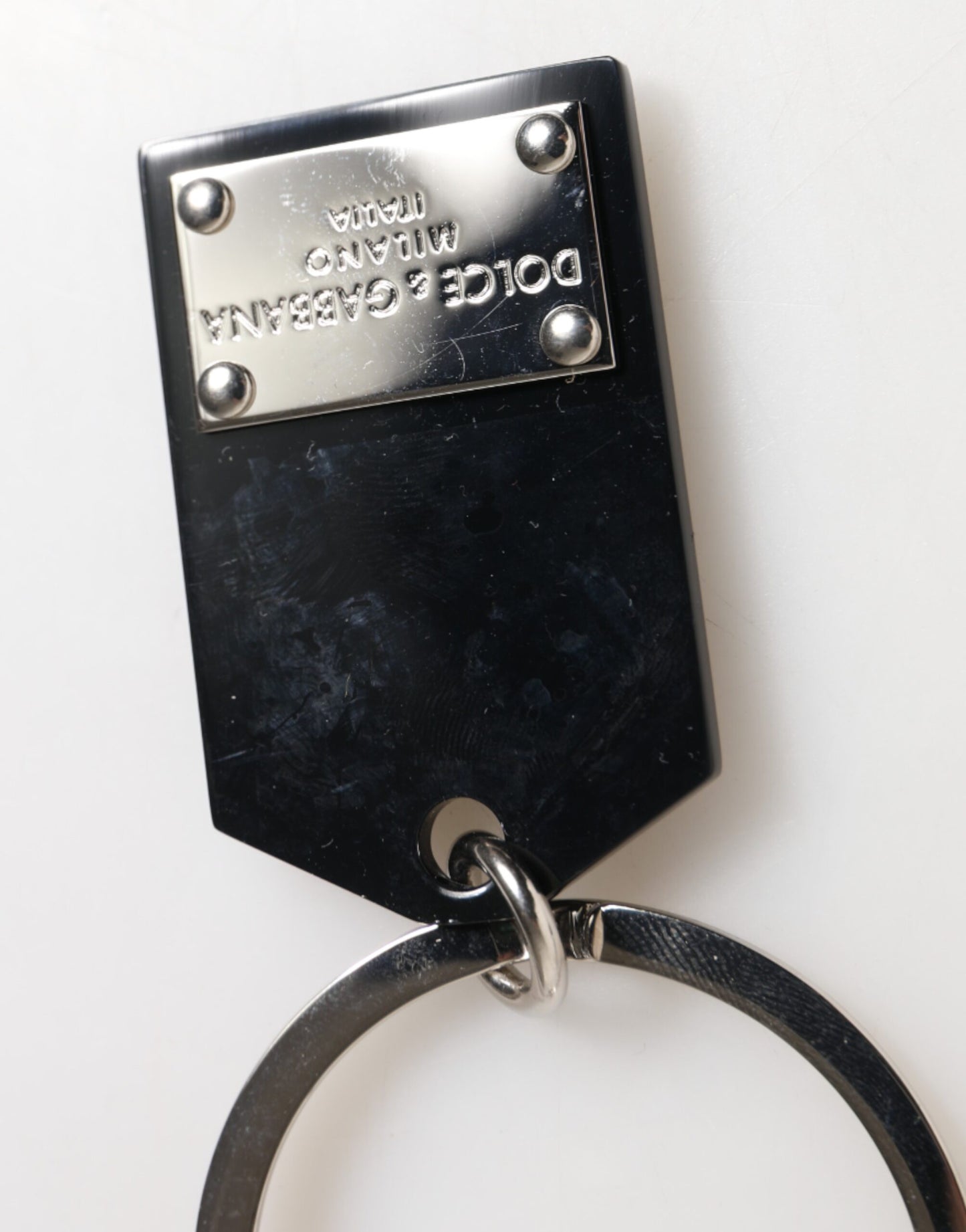 Dolce & Gabbana Black Sint Glass Plaque DG Logo Metal Keyring