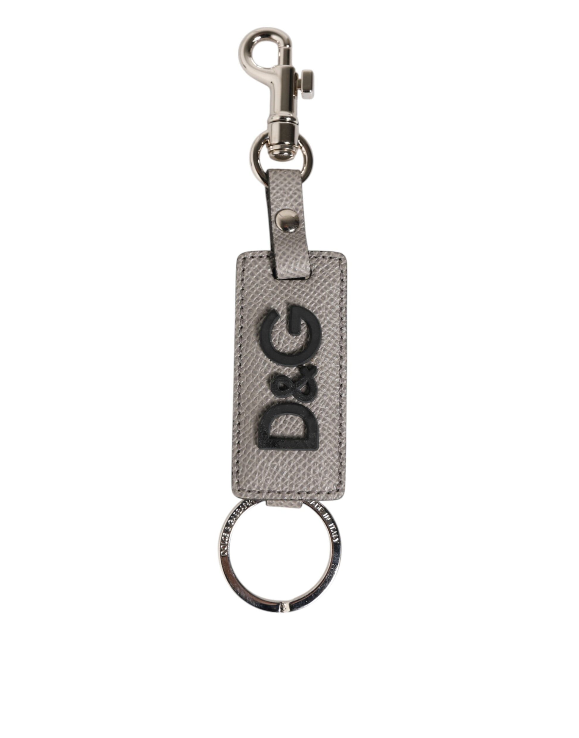Dolce & Gabbana Gray Leather Logo Metal Ring Keychain Holder