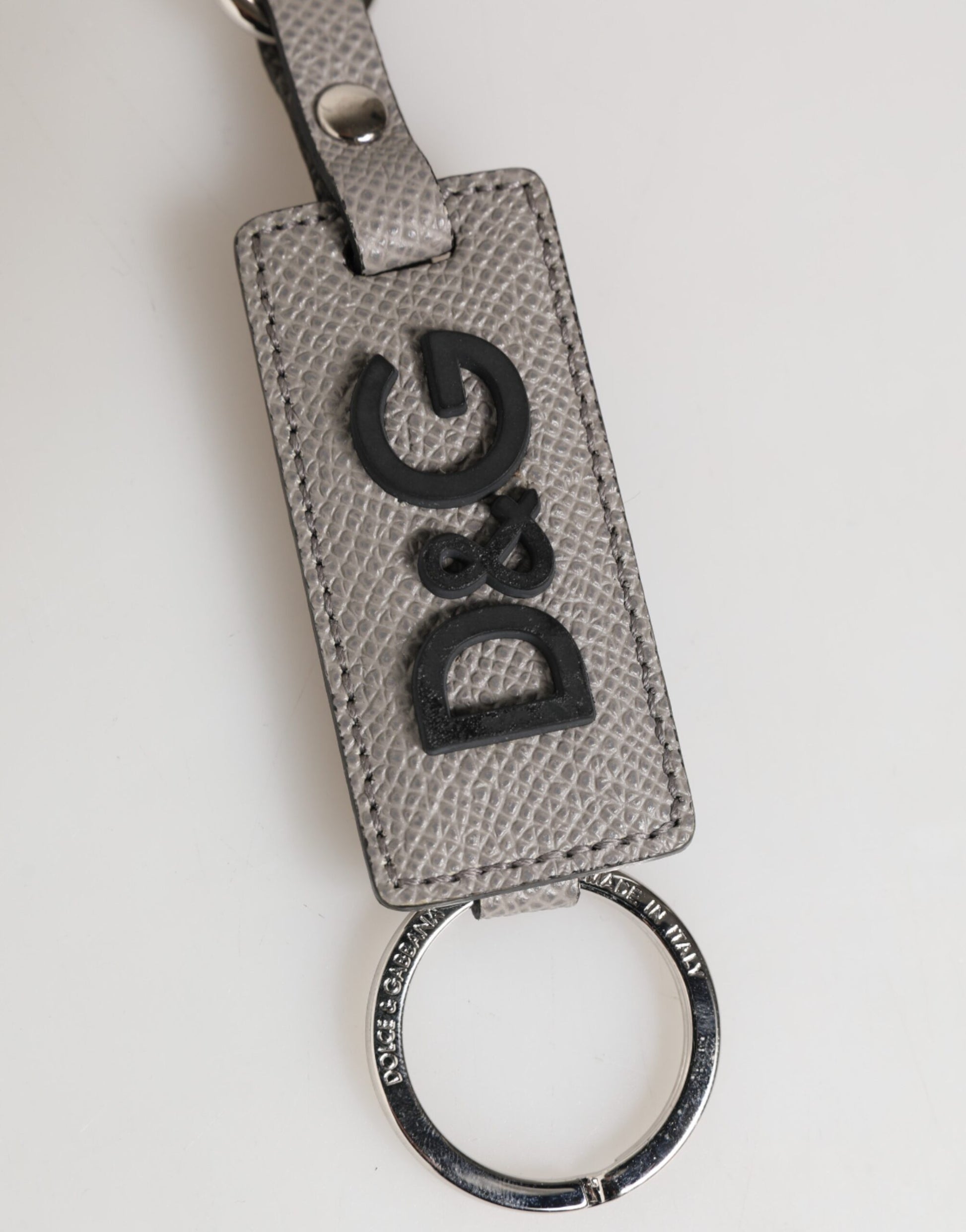 Dolce & Gabbana Gray Leather Logo Metal Ring Keychain Holder