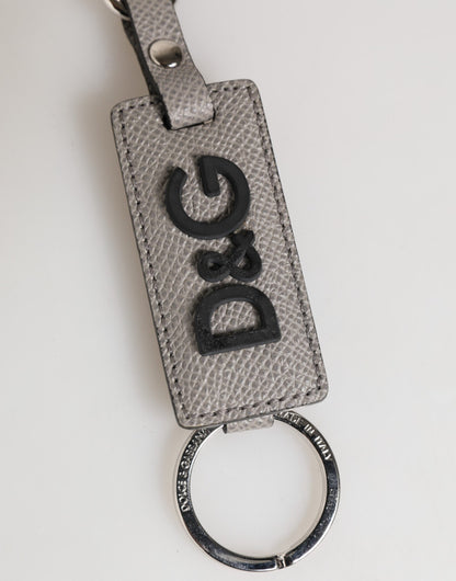 Dolce & Gabbana Gray Leather Logo Metal Ring Keychain Holder