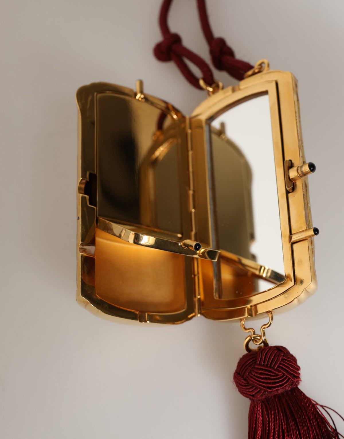 Dolce & Gabbana White Pearl Resin Gold Metal Red Tassel Pendant Bag