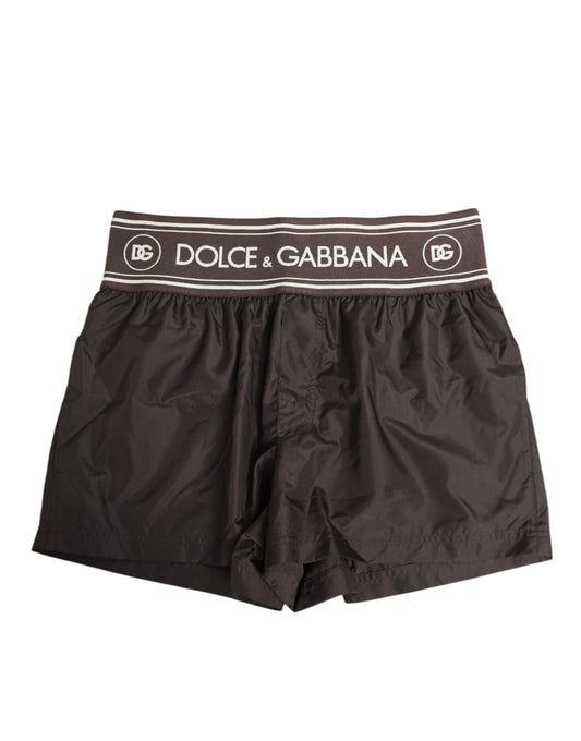 Dolce & Gabbana Brown Polyester Logo Elastic Waistband Swim Shorts